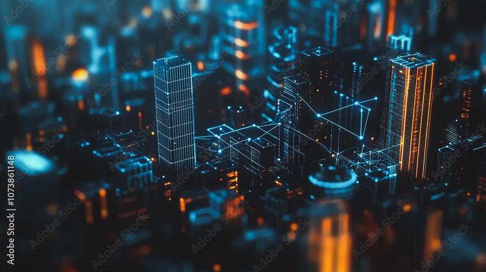 Smart digital Innovation city Business skyscrapers in the Financial District with connection network reciprocity over the cityscape at night time of future smart wireless social media networking