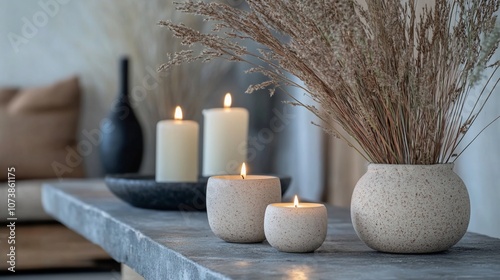 Three burning candles on a wooden table with a vase of dried flowers.