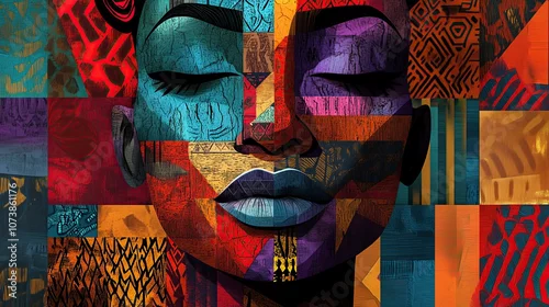 Panel kuchenny z motywem Colorful ethnic mosaic art featuring african woman's face with closed eyes
