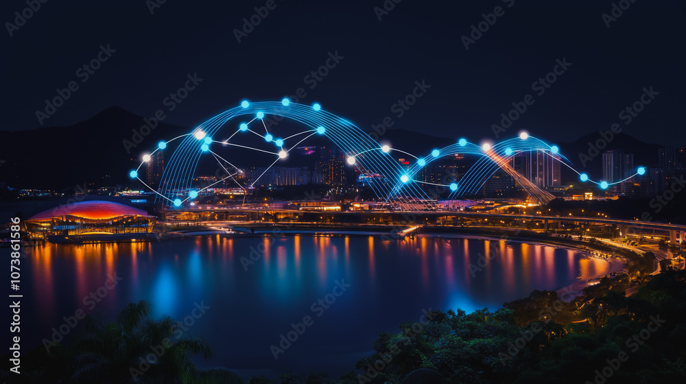 Obraz premium Smart digital Innovation city Business skyscrapers in the Financial District with connection network reciprocity over the cityscape at night time of future smart wireless social media networking