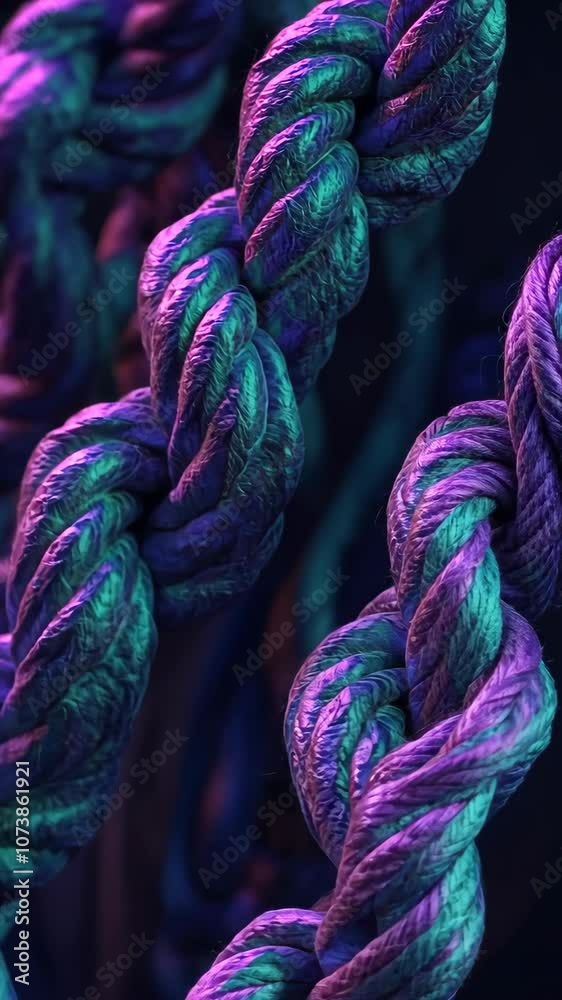 A close-up of a thick rope tied in a complex knot, illuminated by a ...