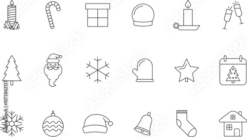 Xmas and New Year outline Holiday icons set. New year and Christmas stroke thin line vector symbols and sign.