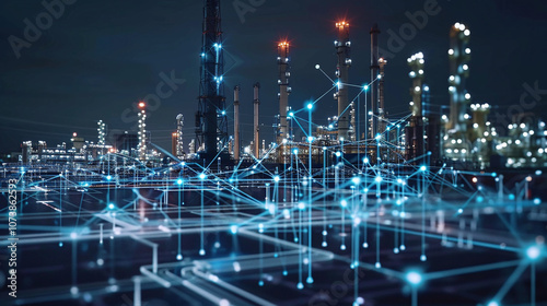 A Nighttime View of an Industrial Complex Showcasing Intricate Network Lines Symbolizing Connectivity and Technology in a Modern Oil Refinery