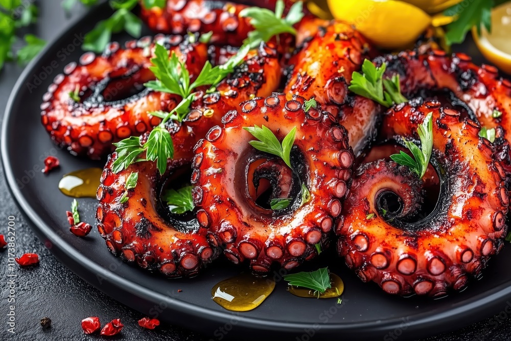 Grilled octopus tentacles with herbs on a wooden board, served with a rich dipping sauce. Grilled octopus tentacles with herbs on a wooden board, served with a rich dipping sauce.