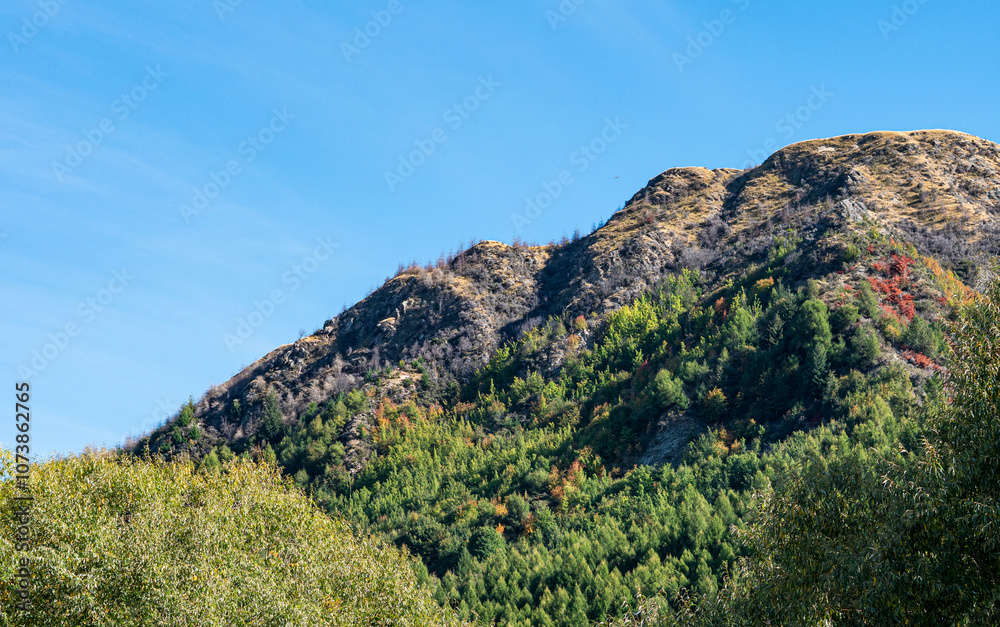 Hills mountains on a sunny clear day good weather covered in bush New Zealand Hills mountains on a sunny clear day good weather covered in bush New Zealand