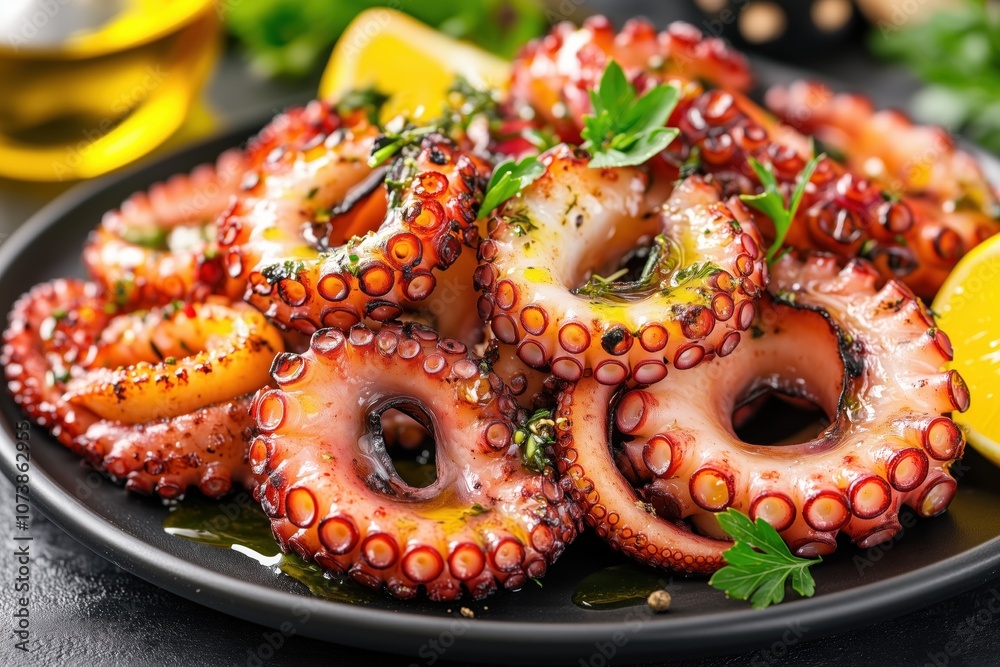 Char-grilled octopus tentacles garnished with fresh herbs, offering a savory gourmet experience. Char-grilled octopus tentacles garnished with fresh herbs, offering a savory gourmet experience.