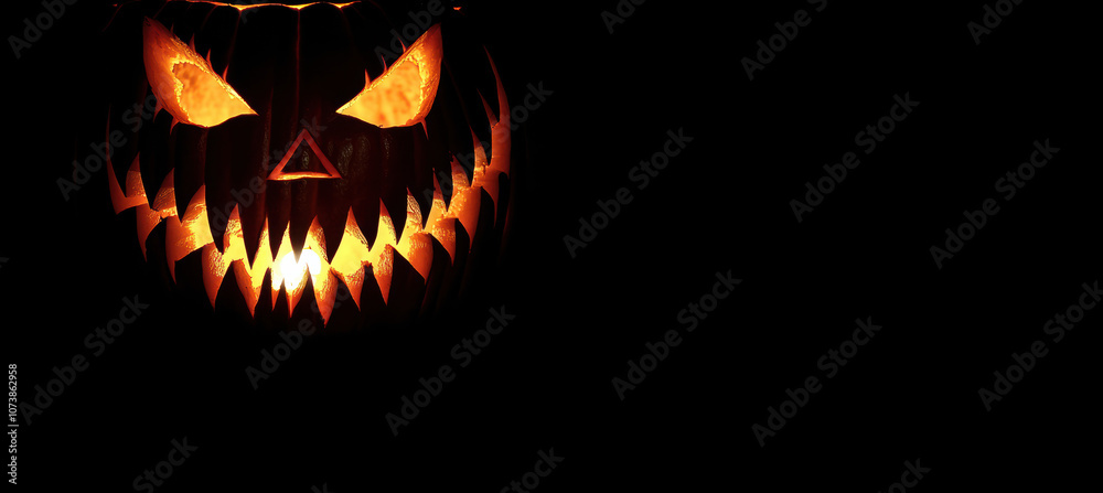Fototapeta premium Halloween pumpkin with fangs on black background
