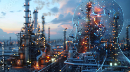 Obraz na płótnie A Futuristic View of a Human-Like Figure With Digital Elements Against an Industrial Landscape at Sunset, Symbolizing the Intersection of Technology and the Energy Sector w salonie