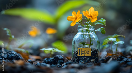 A striking flowering plant emerging from a quaint bottle adorned with 'Hope', demonstrating the impact of belief on the placebo effect