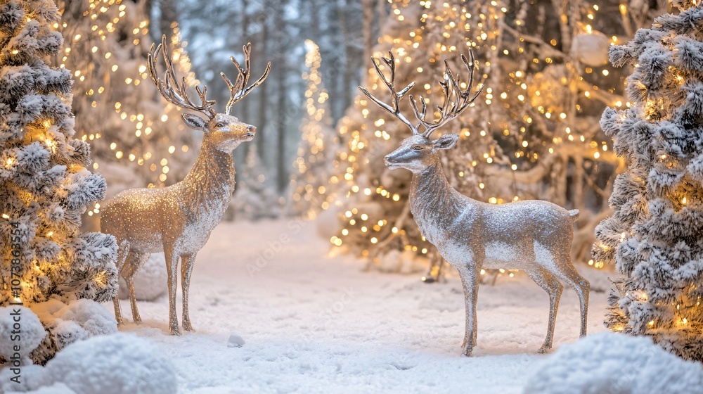 Charming winter wonderland forest scene with snow-covered trees, glittering lights, and silver deer sculptures Charming winter wonderland forest scene with snow-covered trees, glittering lights, and silver deer sculptures