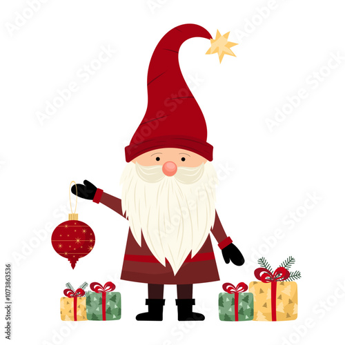 Сheerful gnome with long white beard, holding red ornament, surrounded by wrapped presents in green and gold with red bows. Cute Christmas character gnome in children's cartoon style. For decor.