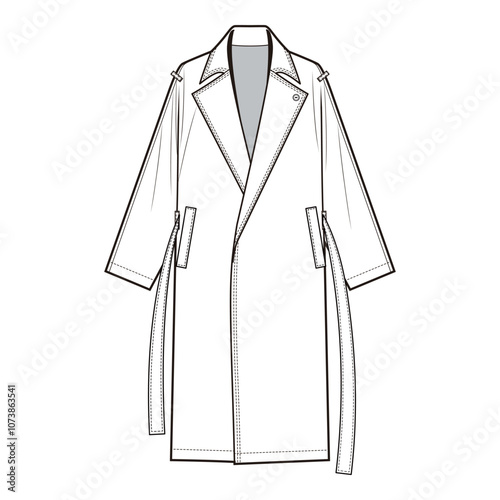 Belted Trench Coat with Notched Lapel and Side Pockets Technical Flat

