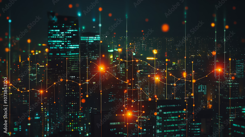 Fototapeta premium Smart digital Innovation city Business skyscrapers in the Financial District with connection network reciprocity over the cityscape at night time of future smart wireless social media networking 