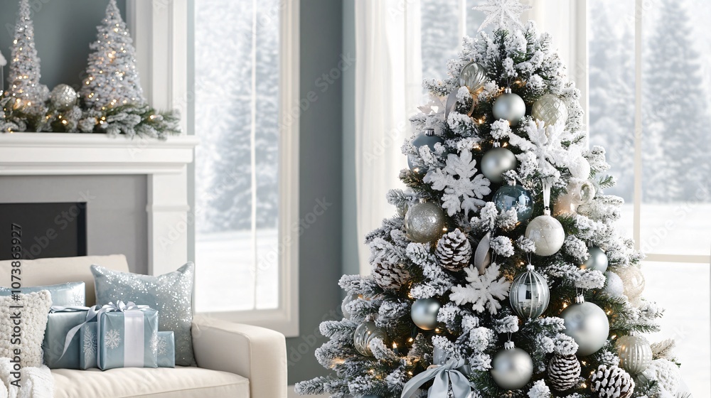 Elegant Christmas tree decorated with frosted glass ornaments, snow-dusted pinecones, and glittering silver ribbons in a winter wonderland theme