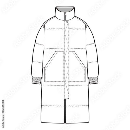 Long Puffer Coat with Front Pocket Detail Technical Flat for Winterwear

