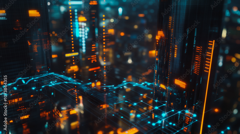 Obraz premium Smart digital Innovation city Business skyscrapers in the Financial District with connection network reciprocity over the cityscape at night time of future smart wireless social media networking 