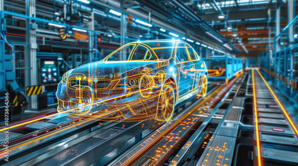A Futuristic Assembly Line Showcasing a Translucent Car Design Illuminated in Neon Colors, With Advanced Robotic Arms Actively Working on the Vehicle Frames at a Modern Automotive Manufacturing Plant A Futuristic Assembly Line Showcasing a Translucent Car Design Illuminated in Neon Colors, With Advanced Robotic Arms Actively Working on the Vehicle Frames at a Modern Automotive Manufacturing Plant
