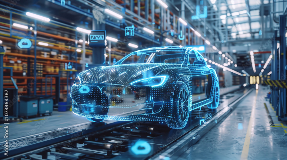 A Futuristic Electric Vehicle Being Assembled in a High-Tech Manufacturing Facility With Digital Blueprints and Data Visuals Displayed on Screens Surrounding the Production Line A Futuristic Electric Vehicle Being Assembled in a High-Tech Manufacturing Facility With Digital Blueprints and Data Visuals Displayed on Screens Surrounding the Production Line