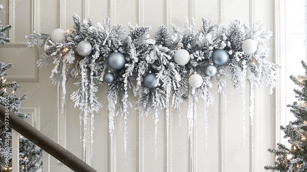 Frosted white garland with snow-dusted baubles and icicle lights, hanging above the entryway for a magical holiday welcome
