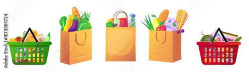 Various bags and baskets filled with groceries and food items. Vector illustration