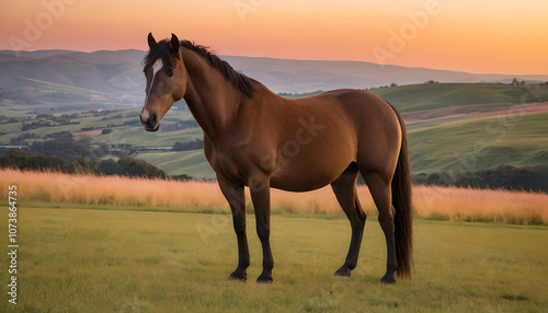 Beautiful horse in the field at sunset with orange sky background