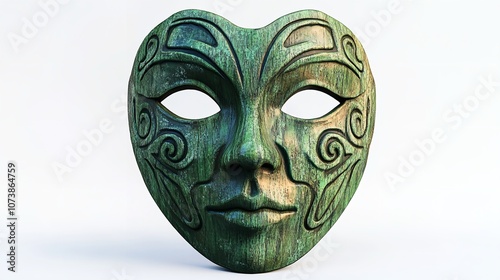 Ancient Scandinavian Handcrafted Green Wooden Mask Isolated on White Background photo