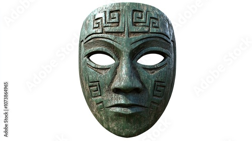 Ancient Scandinavian Handcrafted Green Wooden Mask Isolated on White Background photo