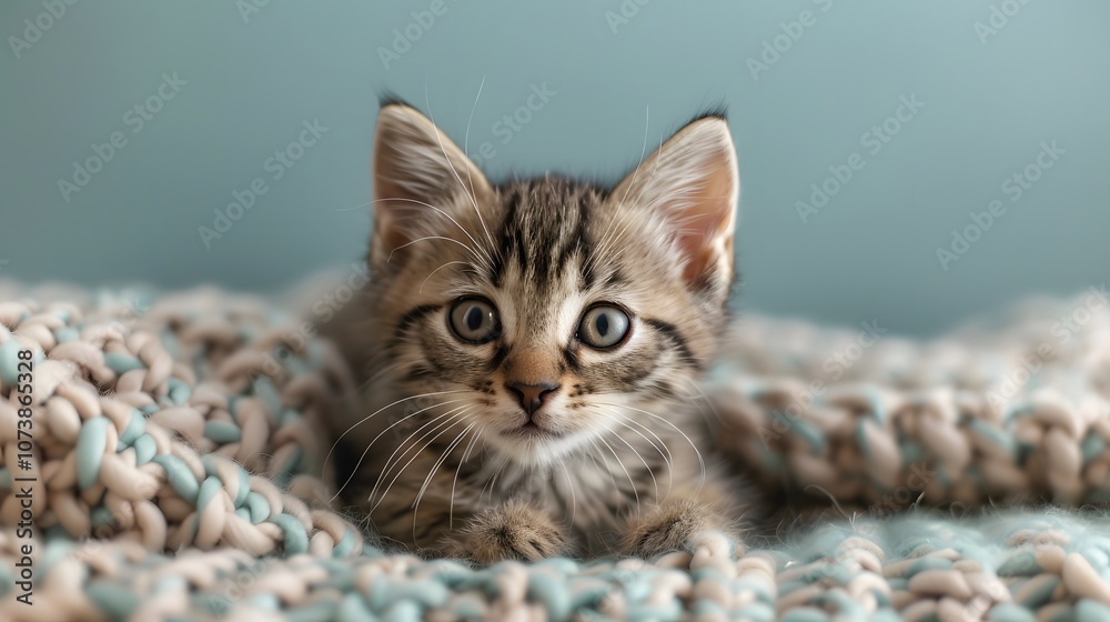 Tabby kitten sitting on blanket with turquoise background. Studio pet portrait. Cozy and relaxed kitten concept. Design for greeting card, postcard, wallpaper, poster Tabby kitten sitting on blanket with turquoise background. Studio pet portrait. Cozy and relaxed kitten concept. Design for greeting card, postcard, wallpaper, poster