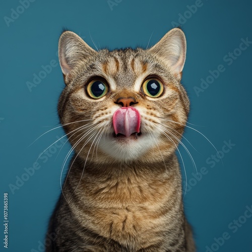 A Scottish Fold cat with its tongue sticking out, looking hungry and staring at the camera. The cat is against a plain blue background.