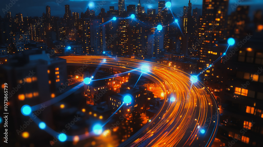 Obraz premium Smart digital Innovation city Business skyscrapers in the Financial District with connection network reciprocity over the cityscape. of future smart wireless digital city and social media networking