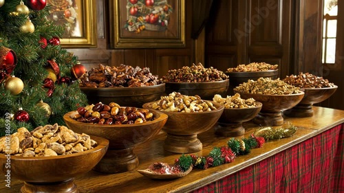 A table filled with bowls of nuts sits in front of a decorated Christmas tree