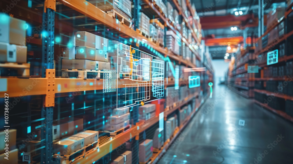 A Modern Warehouse Showcasing Advanced Inventory Management Systems in Action During the Day With Shelves Stocked With Boxes and Digital Overlays Displayed