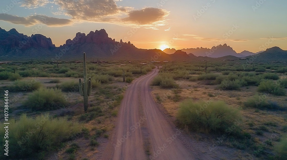 A dusty road leads through a desert landscape with a sunset behind mountains. A dusty road leads through a desert landscape with a sunset behind mountains.