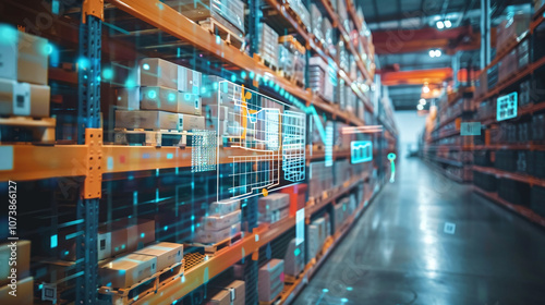 Obraz na płótnie A Modern Warehouse Showcasing Advanced Inventory Management Systems in Action During the Day With Shelves Stocked With Boxes and Digital Overlays Displayed w salonie
