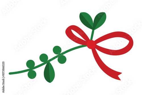 Mistletoe or Viscum Branches with Oblong Leaves and Berries Tied in Ribbons Vector on white.eps