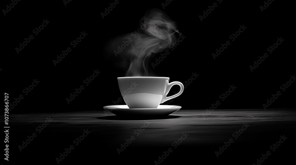 Coffee cup with steam rising. Black background. Elegant, minimalist scene. Coffee cup with steam rising. Black background. Elegant, minimalist scene.