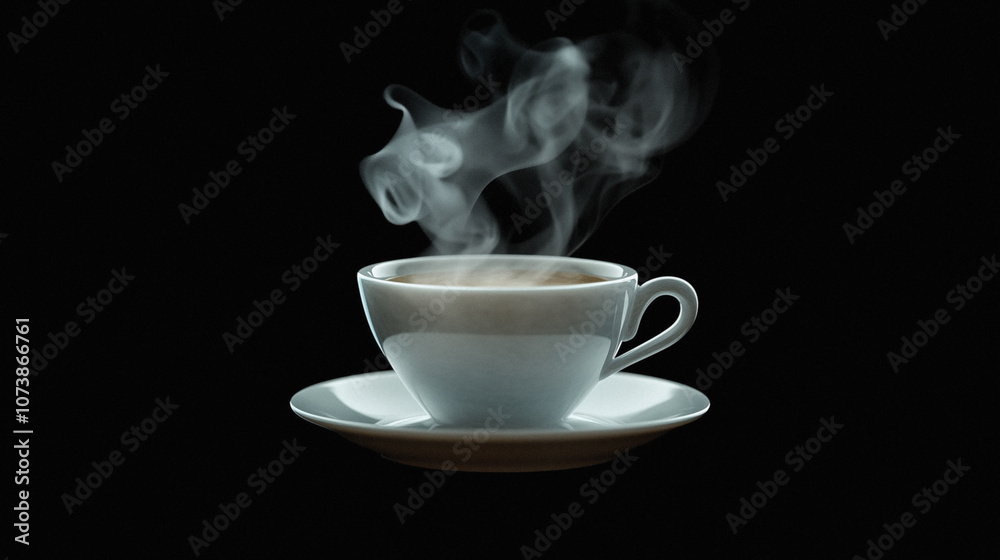 Coffee cup with steam rising. Black background. Elegant, minimalist scene. Coffee cup with steam rising. Black background. Elegant, minimalist scene.