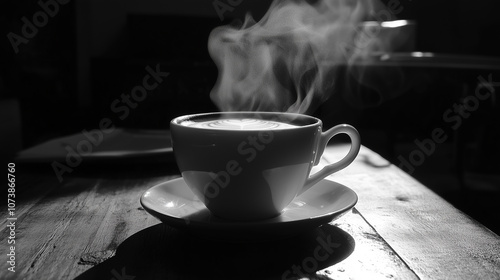 Coffee cup with steam rising. Black background. Elegant, minimalist  scene.