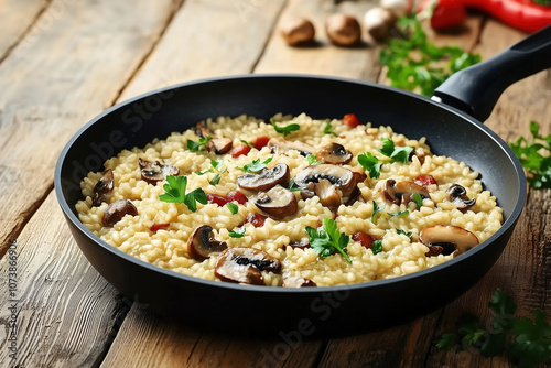 Delicious mushroom risotto served in a black skillet on a rustic wooden table. Generative AI