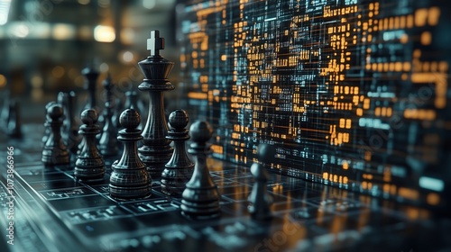 Digital chessboard with metal chess pieces, set against a futuristic background with glowing data and code, symbolizing strategy and technology. photo