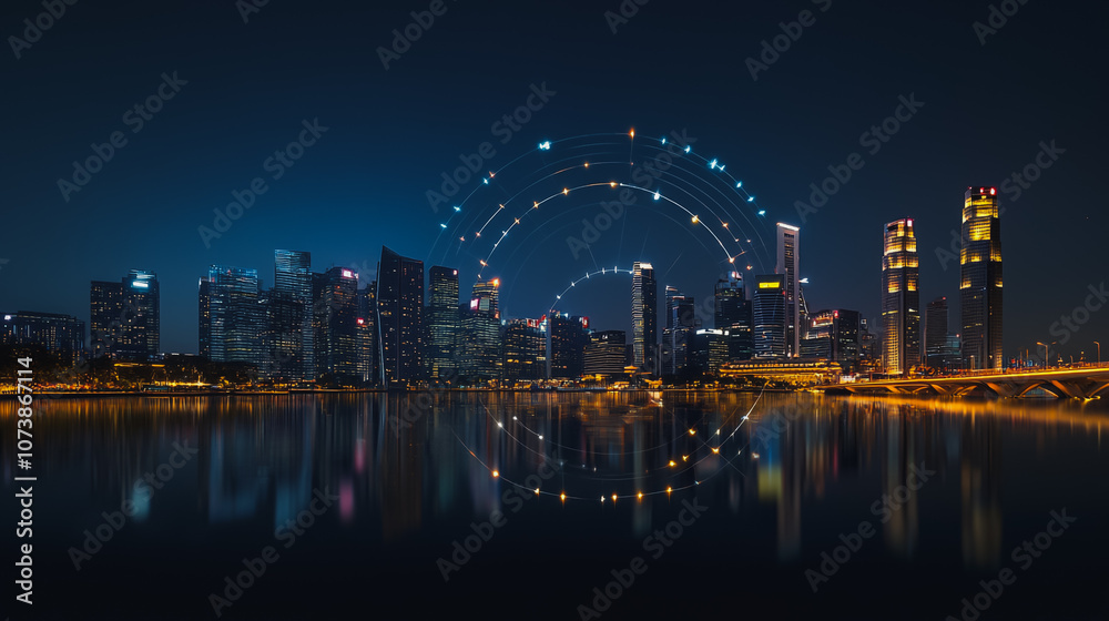 Naklejka premium Smart digital Innovation city Business skyscrapers in the Financial District with connection network reciprocity over the cityscape. of future smart wireless digital city and social media networking