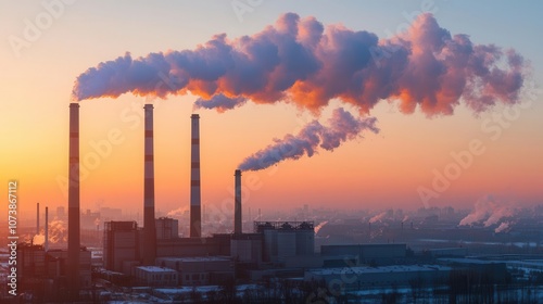 Visual representations of air pollution from industrial activities and their impact ,selective focus, industrial theme, dynamic, Composite, factory chimney backdrop