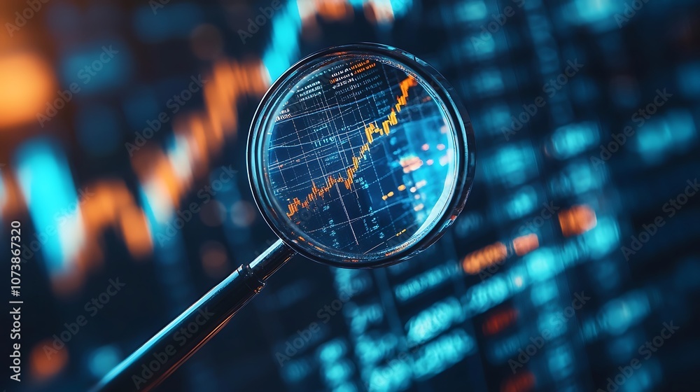 Magnifying glass zooming on dynamic stock market symbol image