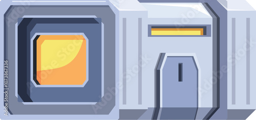 Modern space station module featuring a glowing window and a closed door, evoking advanced technology and space exploration