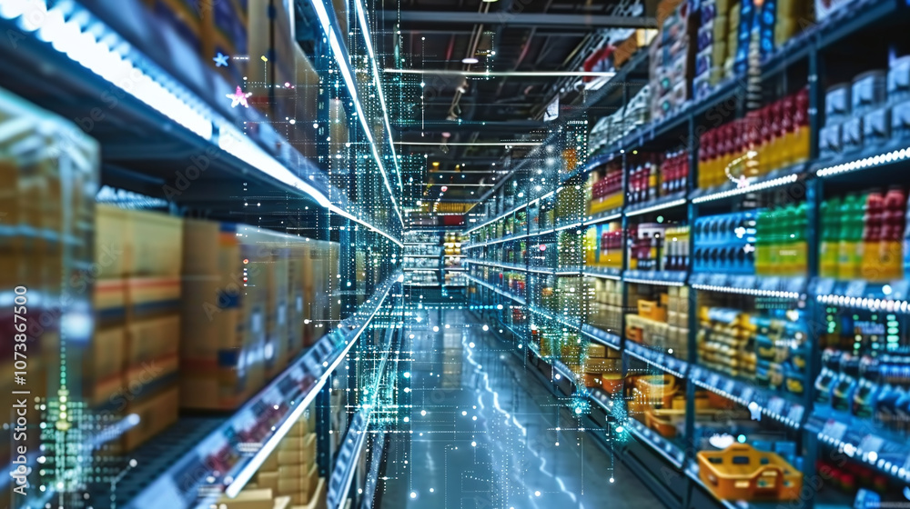 A High-Tech Grocery Store Aisle Filled With Colorful Products and Boxes, Illuminated by Bright Lights Reflecting on Glossy Floors at Night A High-Tech Grocery Store Aisle Filled With Colorful Products and Boxes, Illuminated by Bright Lights Reflecting on Glossy Floors at Night