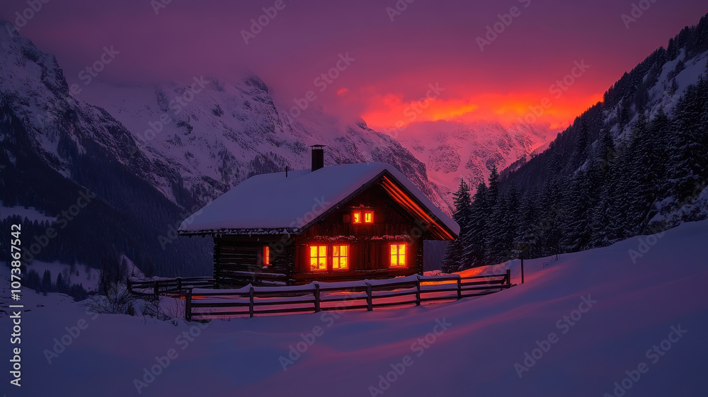 Fototapeta premium Cozy winter cabin with fence at sunset
