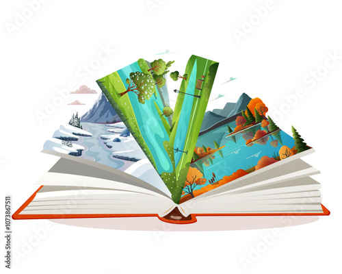 An open book displaying vibrant seasonal landscapes, colorful graphic style, on a white background. Concept of nature. Vector illustration