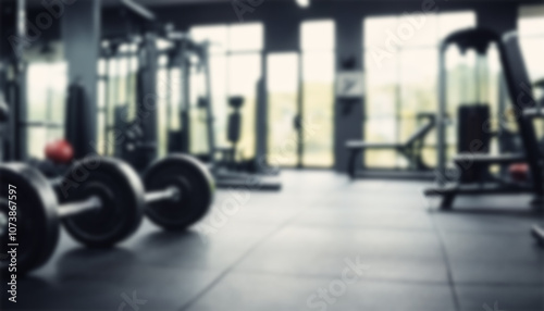 blurred gym background, sports fitness room with treadmills and exercise equipment in defocus, and text copy space
