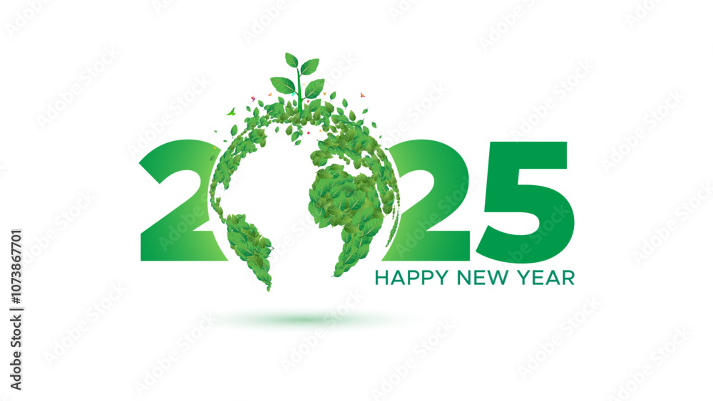 Green earth with new year 2025. Sustainable eco friendly development goals concept. Vector illustration Green earth with new year 2025. Sustainable eco friendly development goals concept. Vector illustration