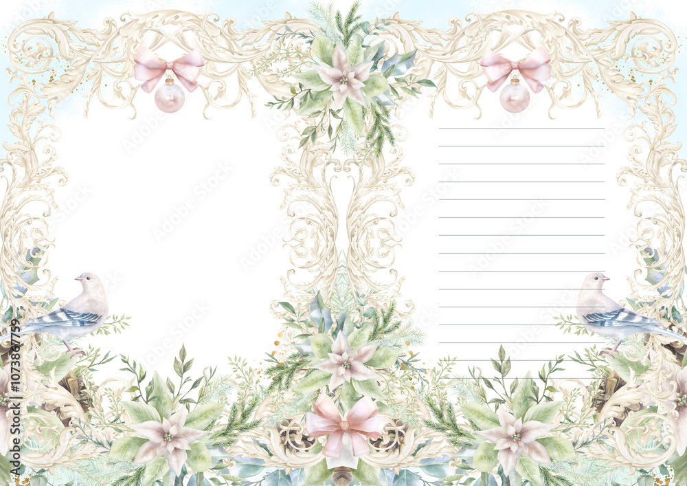 Fototapeta premium Christmas planner page, watercolor junk journal Xmas backdrop, scrapbook design, notebook page. letter template, daily planner